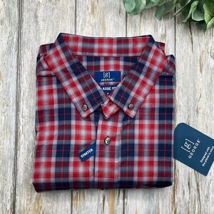 Men’s Plaid Long Sleeve Poplin Button-Up Shirt Size M